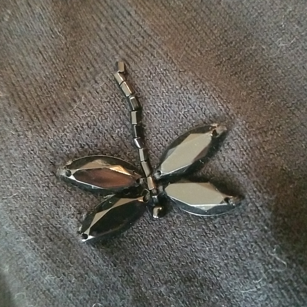 Vintage black short sleeve sweater with dragonfly beads P